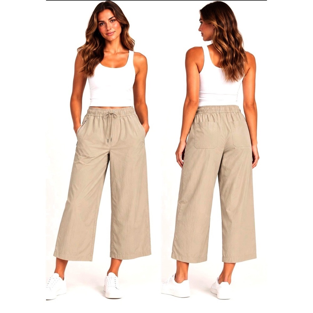 Athleta Avenue Wide Leg Crop Pants Women's XS Beige Pull-On Drawstring Tan